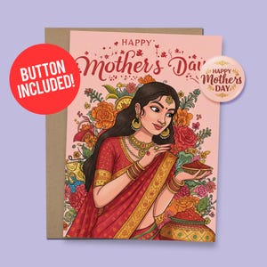 Desi indisch inspirierte Muttertagskarte für Mutter oder Frau Geschenk 60lb. Karton + 1.5"Button