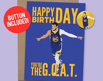 Steph Curry Inspired Basketball G.O.A.T. Birthday Card Golden State Warriors Gift 60lb. Card stock + 1.5&quot; Button [Video QR Code Available]