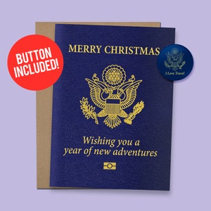 Cartão de Natal inspirado em passaporte de viagem | Cartão engraçado para ele ou ela, 60 lb. Cartão + Botão de 1,5"