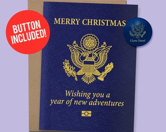 Travel Passport Inspired Christmas Card | Funny Card for Him or Her, 60lb. Card stock + 1.5" Button