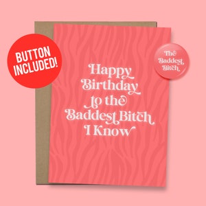 Tarjeta de cumpleaños divertida para un amigo "Feliz cumpleaños a la perra más mala que conozco" 60 lb. Cartulina + botón de 1,5" [mensaje de vídeo con código QR disponible]