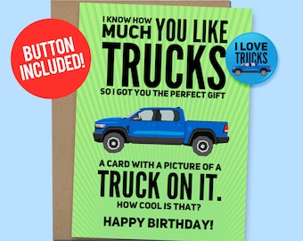 Birthday Card Truck | Funny Lifted Truck Card for Him, 60lb. Card stock + 1.5" Button