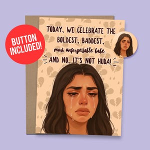 Huda Love Island USA Birthday Card | Funny Gift for Birthdays | 60lb Cardstock + 1.5&quot; Button