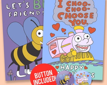 I Choo Choo Choose + Let's Bee Friends Valentine's Day Card Pack, 60lb. Card stock + 1.5" Button