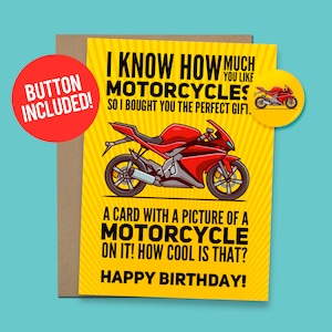 Grappige verjaardagskaart motorfiets voor cadeau motorrijder 60 lb. Karton + 1,5" knop [QR-code videobericht beschikbaar]