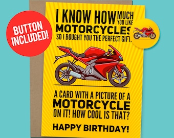Funny Motorcycle Birthday Card for Motorcyclist Rider Gift 60lb. Card stock + 1.5" Button [Video Message QR Code Available]