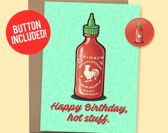 Funny Hot Sauce Birthday Card For Husband Wife For Boyfriend Girlfriend, 60lb. Card stock + 1.5" Button