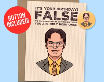 Funny Birthday Card The Office | Dwight Schrute False Gift, 60lb. Card stock + 1.5&quot; Button