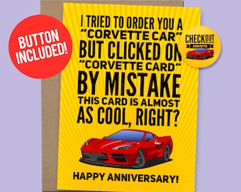 Divertida tarjeta de aniversario del coche deportivo Corvette para chico o chica del coche 60lb. Cartulina + botón de 1.5 "[Código QR de mensaje de video disponible]