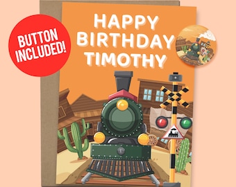 Personalized Train Birthday Card for for Kids | Custom Birthday Card, 60lb. Card stock + 1.5" Button