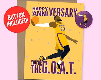 Lebron James Inspired Anniversary Card Basketball G.O.A.T. | Anniversary Card Gift, 60lb. Card stock + 1.5" Button [Video Message QR Code]