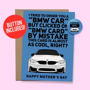 Grappige BMW Sportwagen Moederdag Kaart Auto Liefhebber Gift 60lb. Kaartvoorraad + 1,5-inch knop [QR-code videobericht beschikbaar]