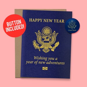 Passeport de voyage inspiré de la carte du Nouvel An | Carte amusante pour lui ou elle, 60lb. Papier cartonné + bouton 1.5 »