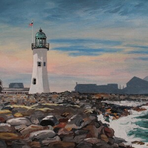 May include: A white lighthouse with a green roof stands on a rocky shore with a small house in the foreground. The sky is a soft blue with pink and orange clouds. The lighthouse has an American flag flying from its top.