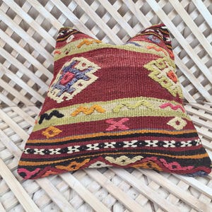 Vintage Turkish Kilim Pillow Cover: Handwoven Wool Bohemian Cushion