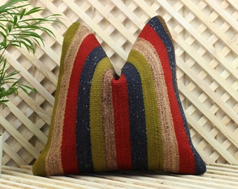 Handwoven Kilim Pillow 16x16: Vintage Turkish Bohemian Decor