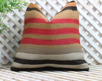 Vintage Kilim Pillow Cover (16x16): Handwoven Turkish Bohemian Throw Pillow