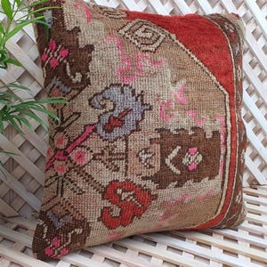 Brown and Red Persian Carpet Pillow Cover, Bohemian Decor Rustic Throw Pillow, Moroccan Style Couch Cushion Case 16*16in