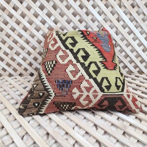Handwoven Turkish Kilim Pillow Cover: Boho Wool Cushion, Ram&#39;s Horn Motif