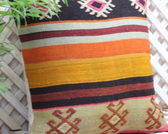 Vintage Kilim Pillow 16x16: Handwoven Turkish Bohemian Accent Pillow