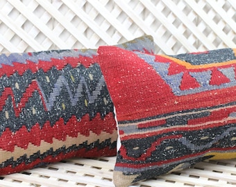 Set of 2 Vintage Kilim Pillow Covers: Bohemian Couch Cushion (12x20 in)
