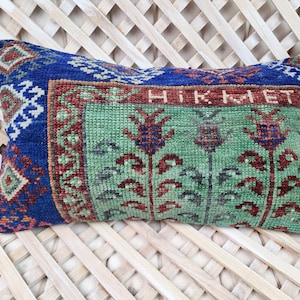 Vintage Turkish Carpet Lumbar Pillow: Bohemian Wool Throw Cushion (12x20in)