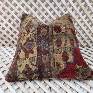 Vintage Turkish Carpet Pillow Cover: Bohemian Rustic Decor (20x20in)