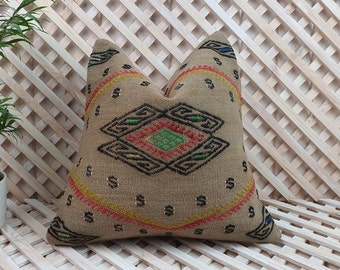 Handwoven Kilim Pillow 16x16: Vintage Turkish Bohemian Decor