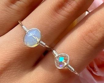 Adjustable Moonstone/ Crystal dainty silver plated rings, stackable rings, friendship rings, matching rings, wire wrapped rings, handmade