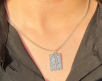 Silver plated rose charm necklace, Layered necklaces, Silver plated curb chain, Rectangular charm, aesthetic jewellery, Christmas gifts