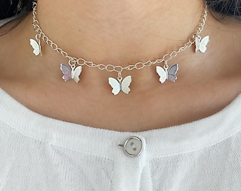 Silver plated chunky butterfly charm choker necklace, layered necklaces, stackable necklace, chunky chain, y2k jewellery, handmade jewellery