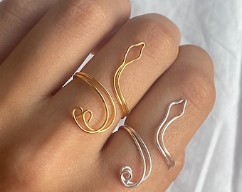 Adjustable snake rings, silver plated wire, stainless steal kc gold wire, handmade wire wrapped rings, statement jewellery, chunky rings