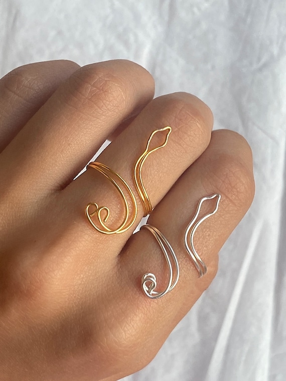 Adjustable snake rings, silver plated wire, stainless steal kc gold wire, handmade wire wrapped rings, statement jewellery, chunky rings