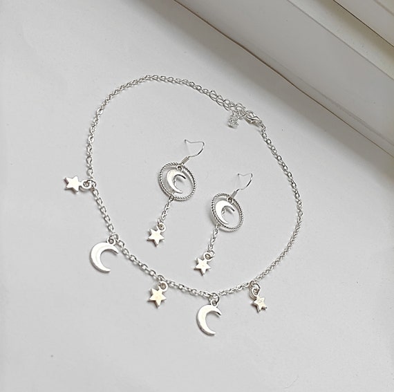 925 Sterling silver earrings, Silver plated star and moon charm choker necklace set, Celestial jewellery, Silver layering necklace, Dainty