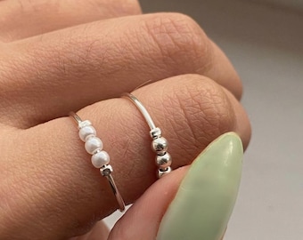 Anillo giratorio para ansiedad/TDAH, anillo de preocupación, anillo fidget spinner plateado, tamaño ajustable 7/8/9, delicado anillo apilable.