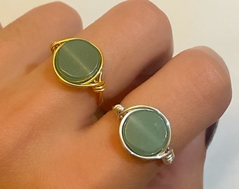 Aventurine crystal ring, stainless steel kc gold wire, statement rings, calming rings, chunky rings, wire wrapped handmade rings, gemstones