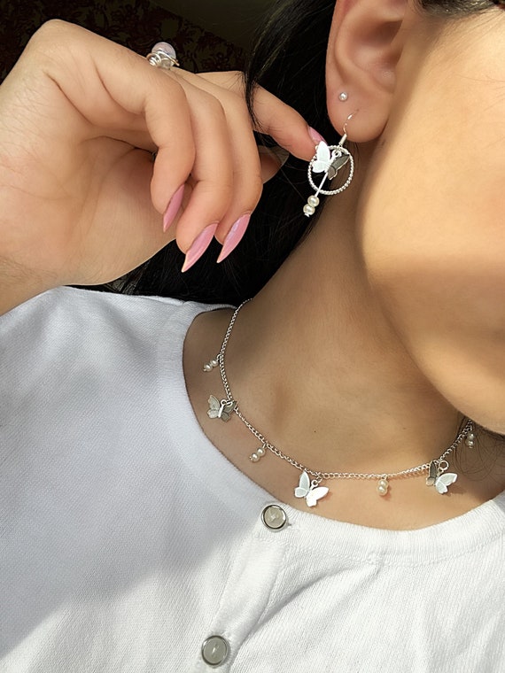 Silver plated butterfly and pearl charm necklace and 925 sterling silver earrings, layered necklaces, butterfly jewellery sets, faux pearls