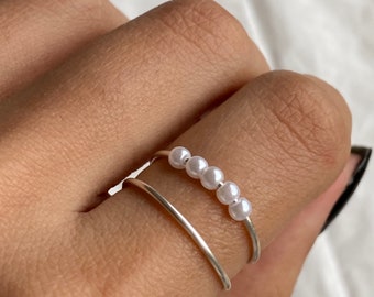 Anillo de ansiedad/TDAH, anillo de preocupación de doble capa, anillo fidget plateado, tamaño ajustable 7/8/9, anillos delicados, anillo apilable, anillo de perlas