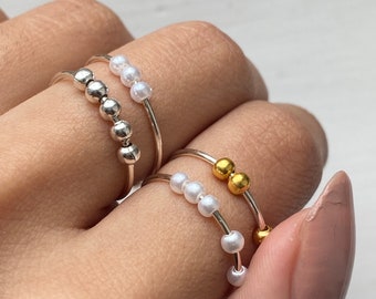 4 Anxiety rings set, silver plated rings, adjustable size 7/8/9, worry rings, stackable rings, fidget ring, ADHD relieving rings, pearl ring
