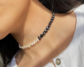 Natural freshwater Pearl necklace, asymmetrical jewellery, ivory pearls, peacock pearls, y2k statement jewellery, chunky layered necklace