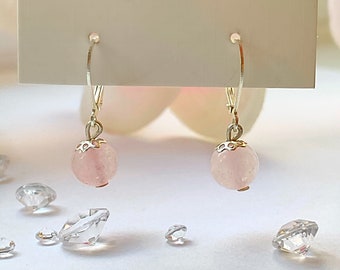 Rose quartz dangle huggies earrings, 925 sterling silver, Dainty jewellery, Gemstone jewellery, Classy earrings, Semi-precious gemstone