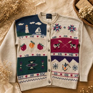 May include: A beige knit cardigan featuring a button-down front and various colorful graphic panels. The designs include a lighthouse, sailboat, fruits, cows, and a skier, interspersed with state abbreviations like VT, ME, RI, VA, GA, KS, MD, ID, CO, and UT.