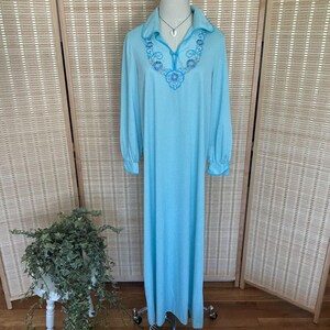 Vintage Blue Long Nightgown With Embroidered Floral Detail & Button Front