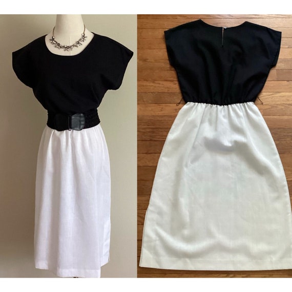 Vintage Dress Linen Blend White Black Short Sleev… - image 1