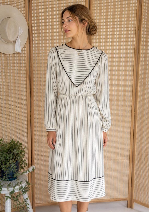 cream pinstripe dress Vintage 1980s | Long Sleeve Secretary Dress | Cottagecore Midi Dress | Nautical Stripe Dress | Small Small-medium The Messy Love Mini Color:Confetti Stripe Mens suit m-bestseller Royal Blue Pleated Sleeveless