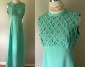 Vintage 1970's Dress Teal Green 70's Gown Prom Wedding