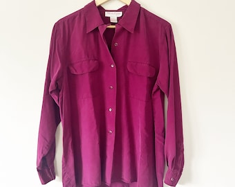 Vintage 90's Raspberry Silk Long Sleeve Blouse 100% Silk Shirt