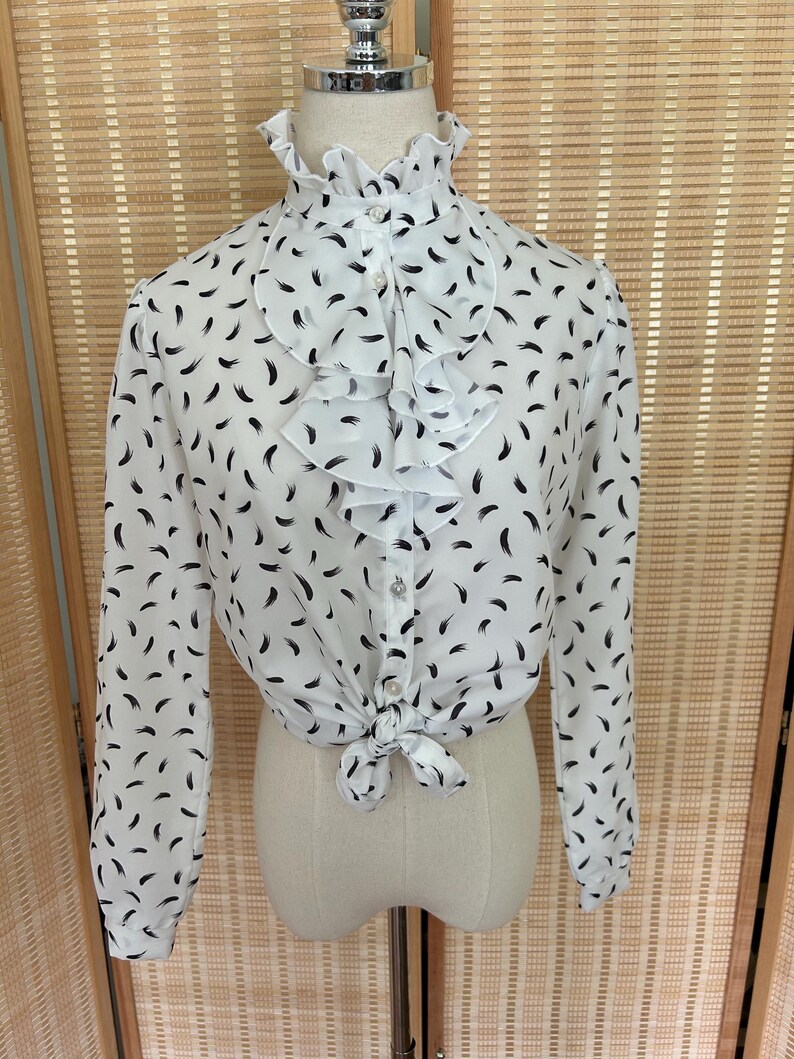 Vintage 80s Ruffle Blouse | High Neck Secretary Top | White Black ...