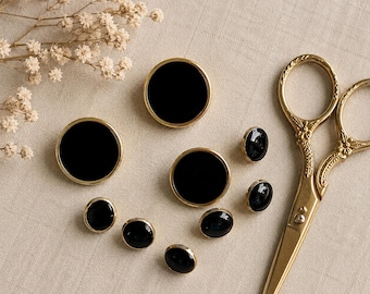 Vintage Black & Gold Buttons Mixed Set | 1980s Glossy Plastic Shank Buttons | Minimalist Luxe Sewing Notions | Retro Blazer Coat Buttons