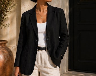 Vintage Linen Blazer Women’s Large | Minimalist Neutral Jacket | Classic Tailored Summer Blazer | Coastal Grandma Aesthetic